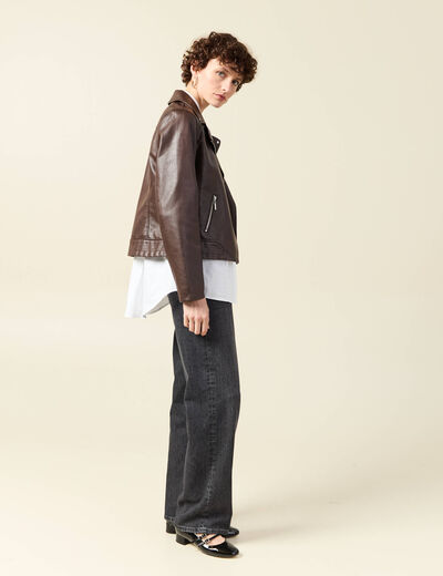 Blouson biker simili cuir marron femme