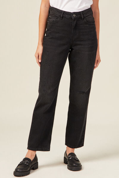 Jeans straight 7/8ème destroy denim noir femme