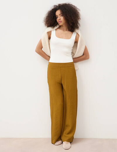 Pantalon large taille haute fluide vert olive femme