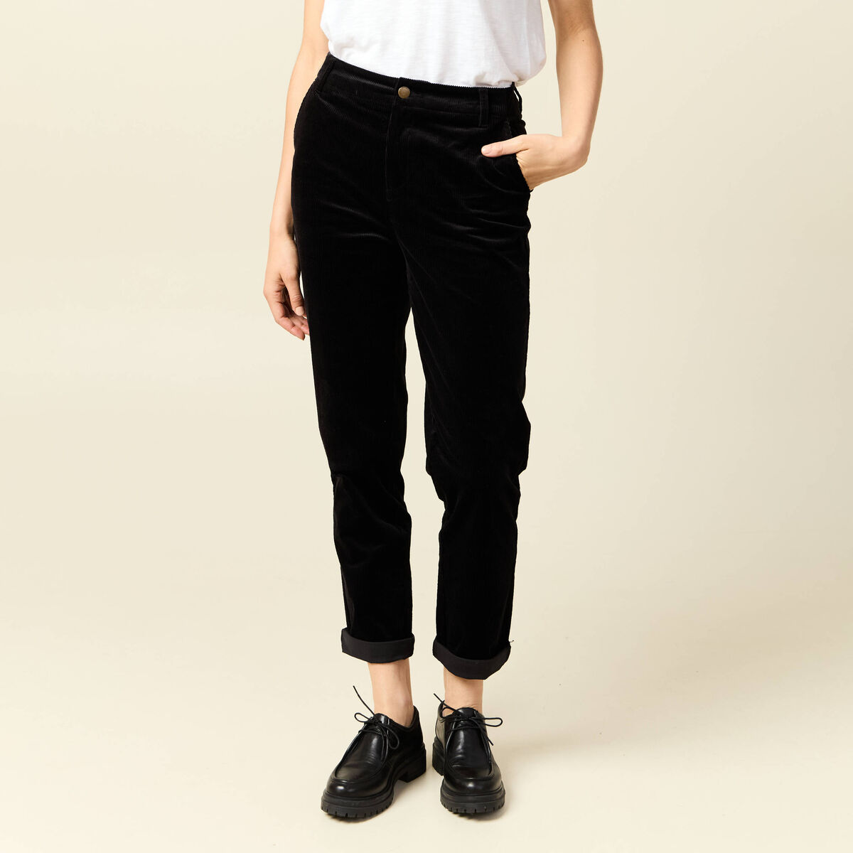 Pantalon large 7/8&egrave;me taille haute noir femme