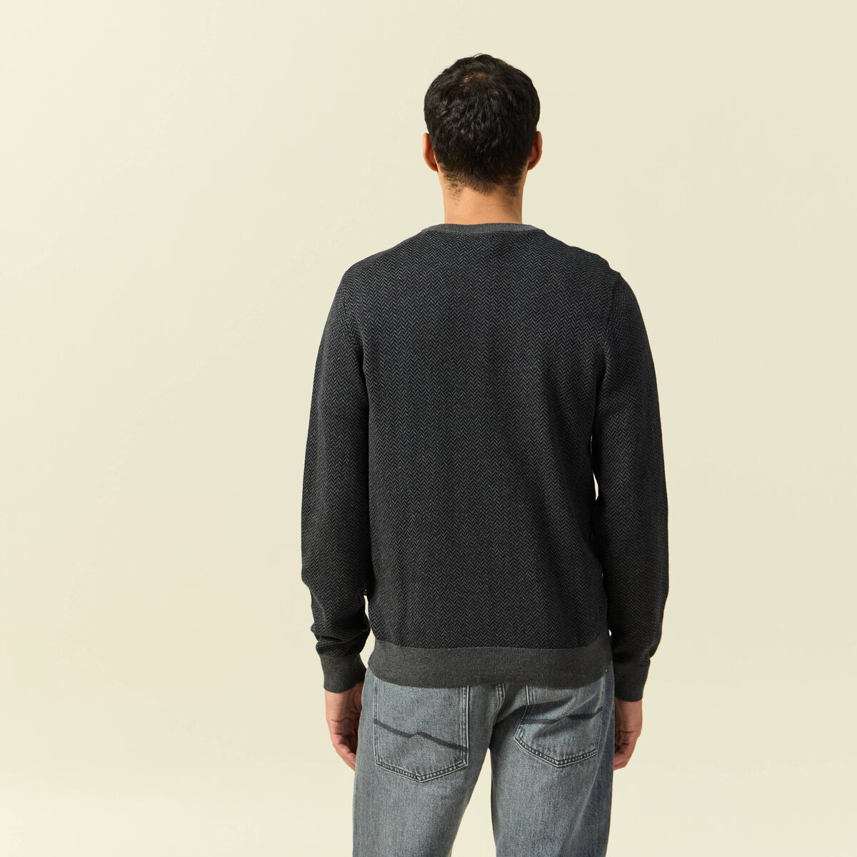 Pull col rond manches longues en coton bleu marine homme