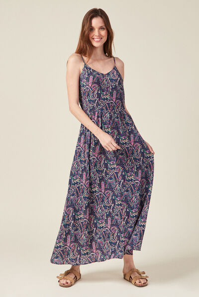 Robe longue droite à bretelles bleu femme