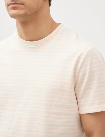 T-shirt ray&eacute; col rond manches courtes rose poudr&eacute;e homme