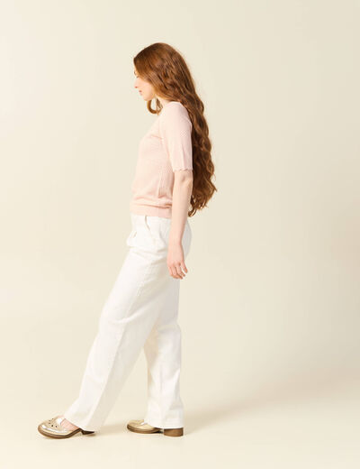 Pull manches courtes ajouré rose poudrée femme
