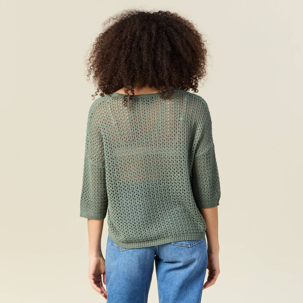 Pull col en V éco-responsable vert kaki femme