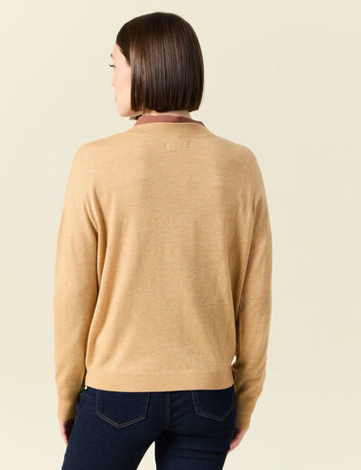 Pull fin col V manches longues marron clair femme