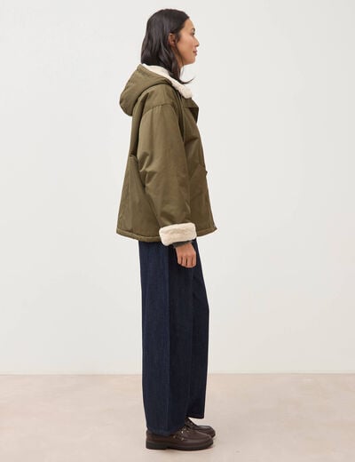 Parka oversize courte &agrave; capuche vert kaki femme