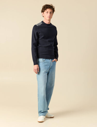 Pull fin col rond manches longues bleu marine homme