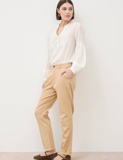 Chino cigarette 7/8&egrave;me taille haute marron clair femme