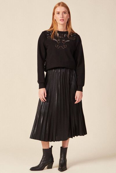 Jupe midi évasée plissée noir femme