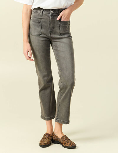 Jeans bootcut cropped taille haute denim gris femme