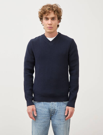 Pull col v manches longues bleu marine homme