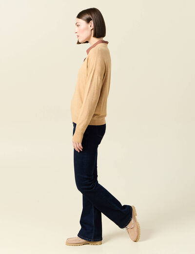 Pull fin col V manches longues marron clair femme