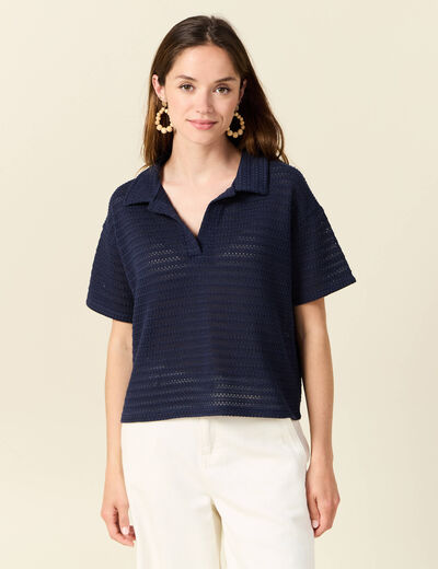 T-shirt manches courtes ajouré bleu marine femme