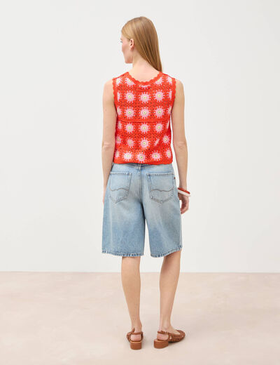 D&eacute;bardeur crochet col rond sans manches orange fonc&eacute; femme