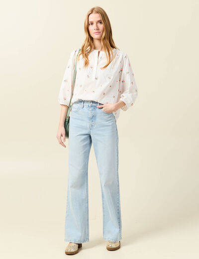 Blouse manches 3/4 brodée blanc femme