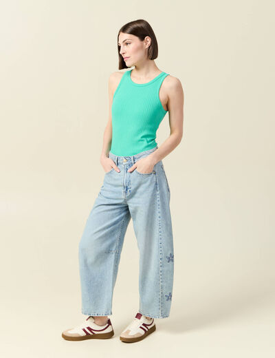Débardeur cintré court col rond vert turquoise femme