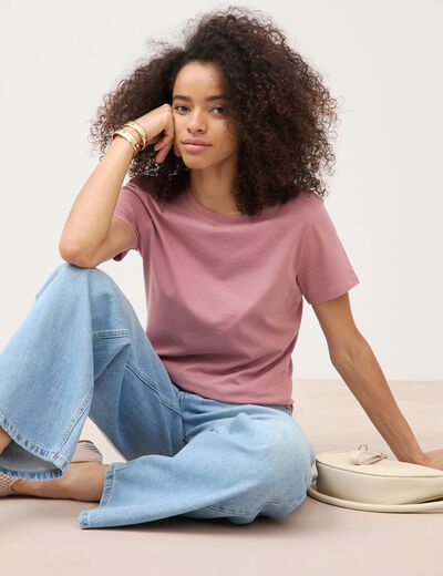T-shirt cintr&eacute; col rond manches courtes vieux rose femme