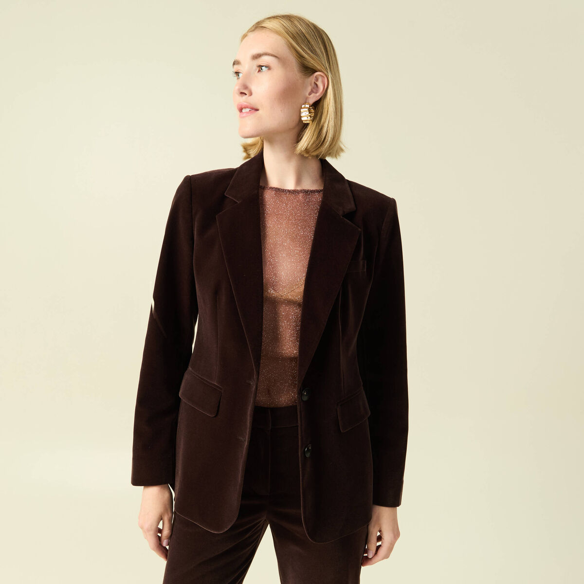 Veste blazer velours marron fonc&eacute; femme