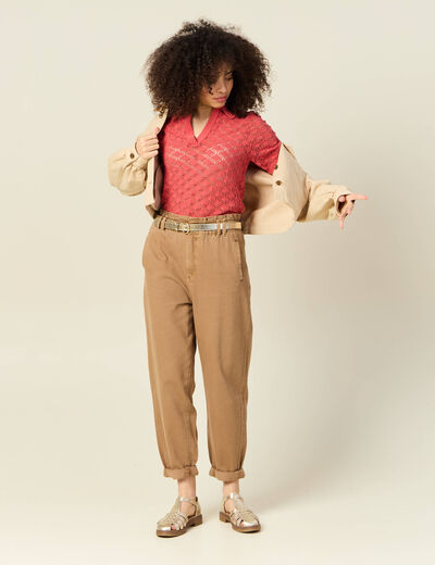 Pull manches courtes ajouré rouge femme