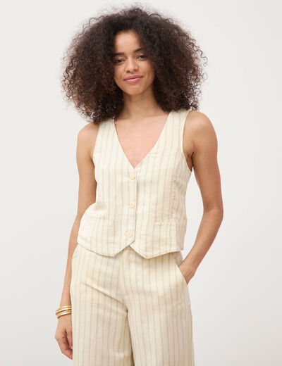 Gilet ajust&eacute; court sans manches col v jaune pastel femme