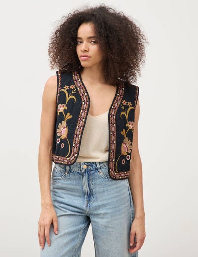 Gilet droit court sans manches doubl&eacute; noir femme