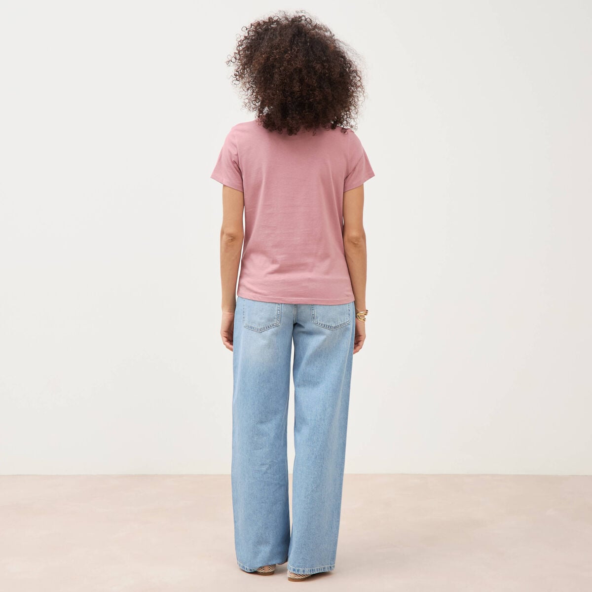 T-shirt cintr&eacute; col rond manches courtes vieux rose femme