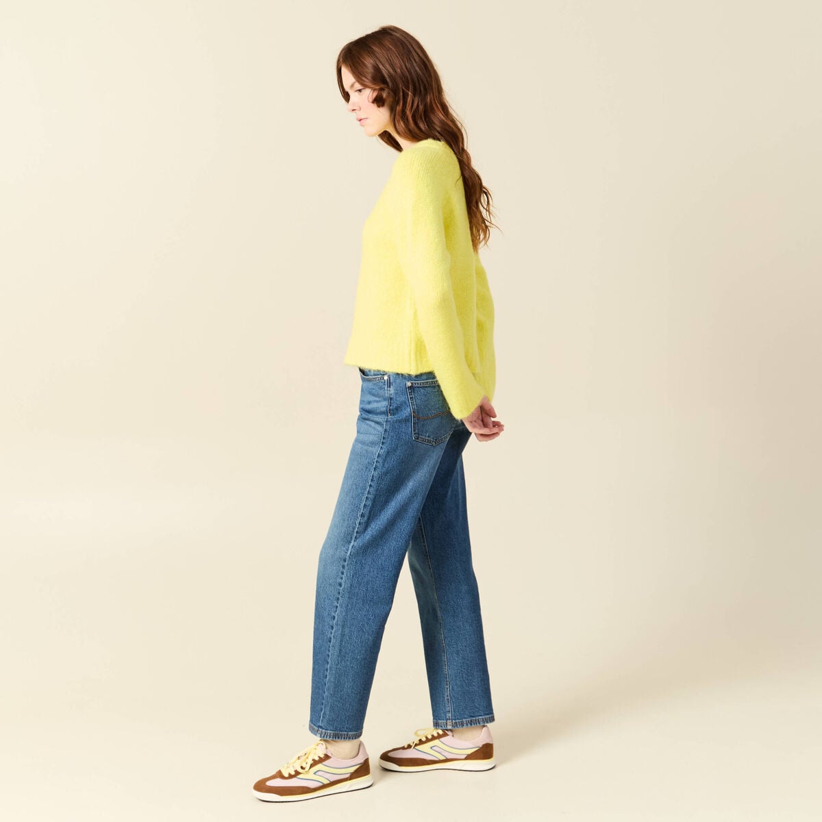 Pull manches longues col rond jaune femme