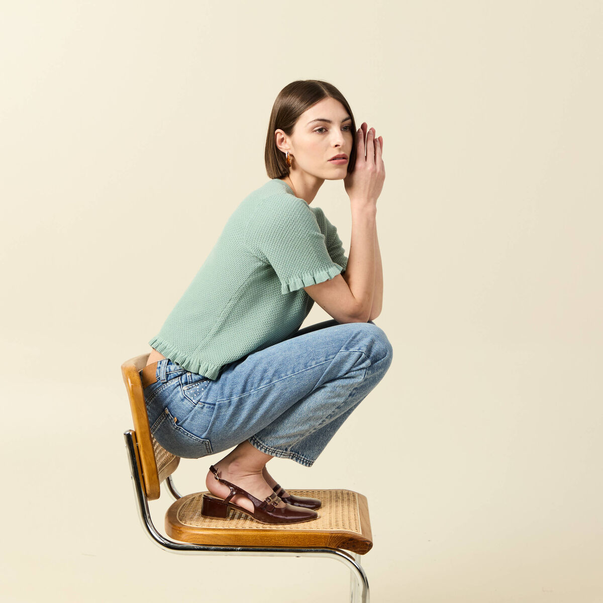 Pull droit court en coton vert pastel femme
