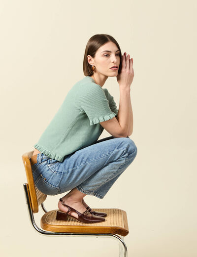 Pull droit court en coton vert pastel femme