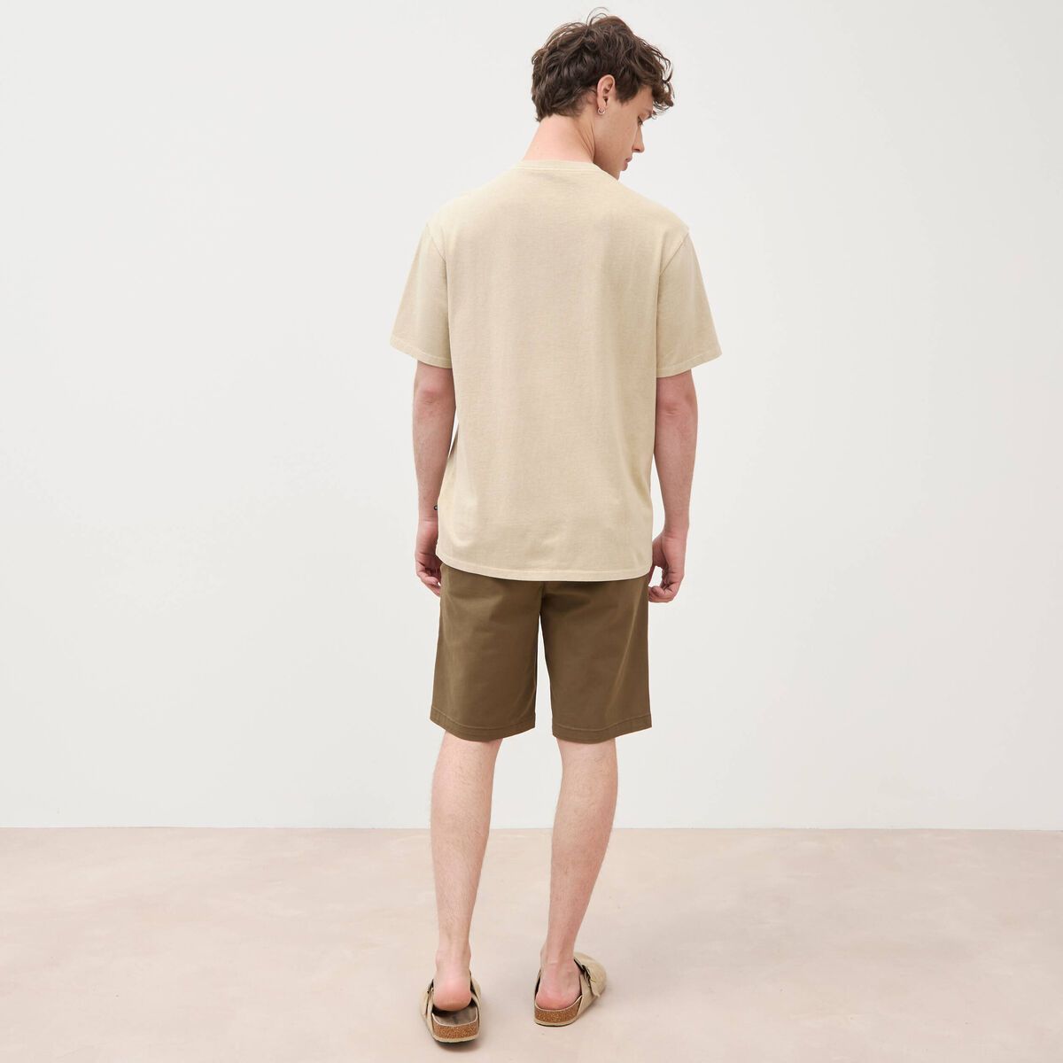 T-shirt ample col rond broderie coton beige homme