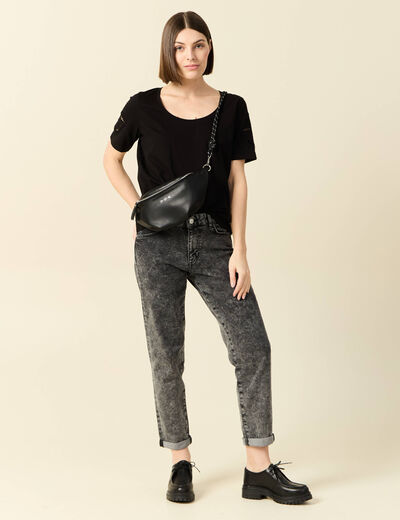 T-shirt manches courtes brodé noir femme