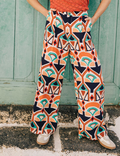 Pantalon large fluide orange femme