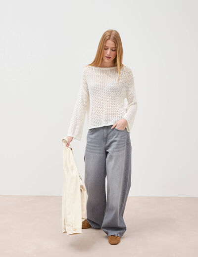 Pull ajour&eacute; col bateau manches longues ecru femme