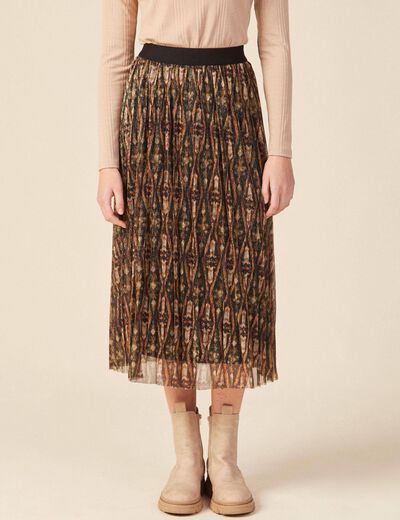 Jupe longue évasée plissée camel femme