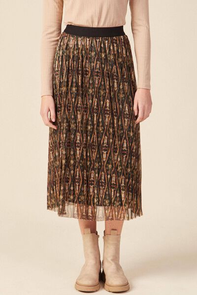 Jupe longue évasée plissée camel femme
