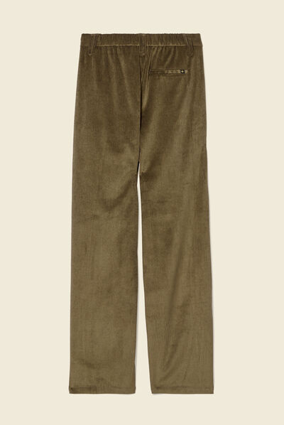 Pantalon large velours pinces vert kaki femme
