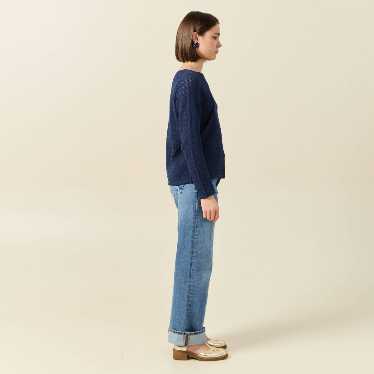 T-shirt manches longues ajouré bleu marine femme
