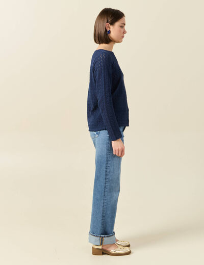 T-shirt manches longues ajouré bleu marine femme