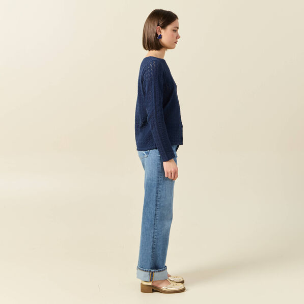 t shirt manches longues ajoure bleu marine femme T-shirt manches longues ajouré bleu marine femme