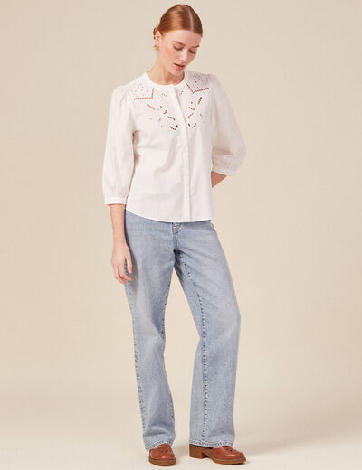 Chemise manches 3/4 brodée ecru femme