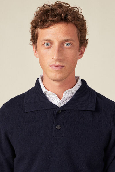 Pull manches longues col polo bleu marine homme