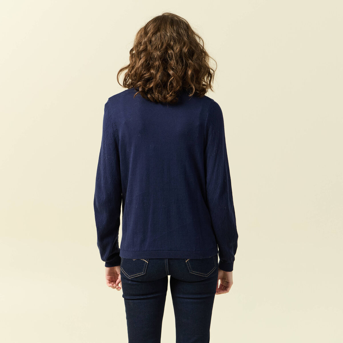 Pull ajouré manches longues en coton bleu marine femme