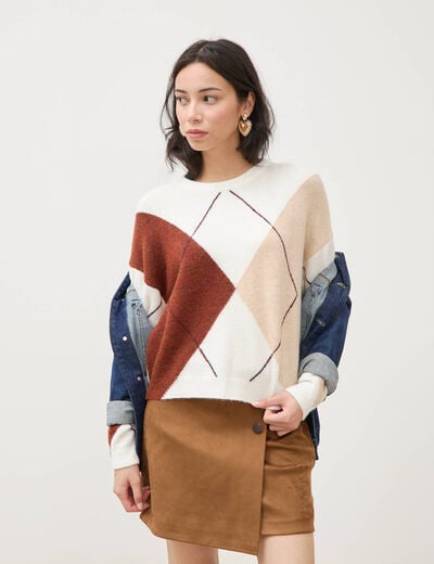 Pull col rond manches longues ecru femme