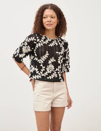 T-shirt brod&eacute; col rond manches 3/4 noir femme