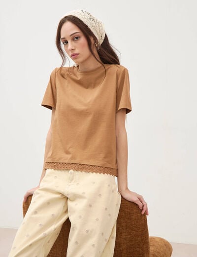 T-shirt droit col rond manches courtes marron femme