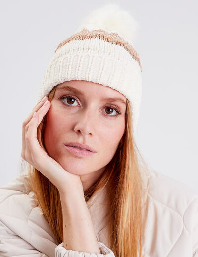 Bonnet à pompon ecru femme