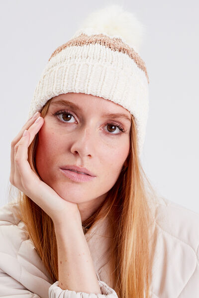 Bonnet à pompon ecru femme