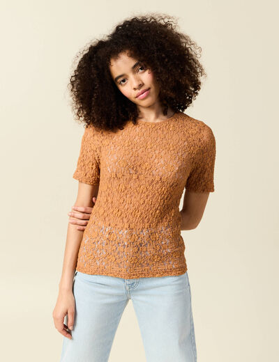 T-shirt cintré col rond dentelle terracotta femme