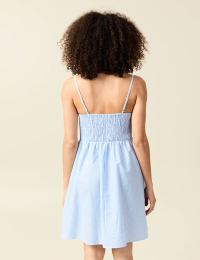 Robe évasée col V sans manches en coton bleu femme